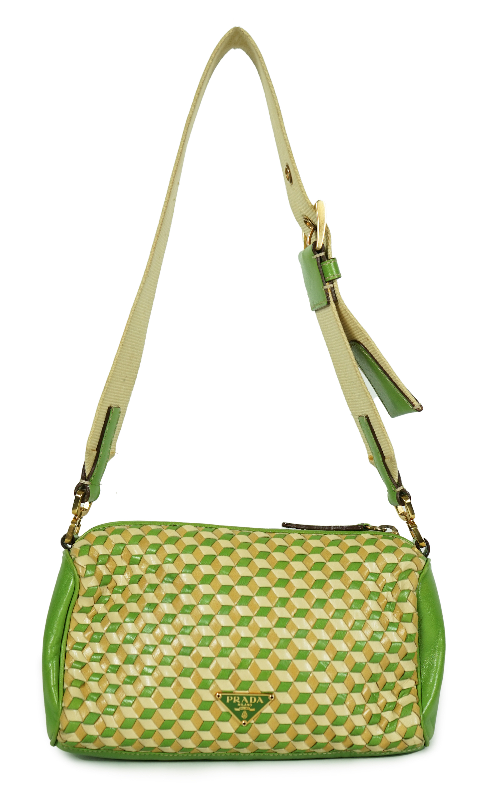 A Prada green and beige leather Intreccio Cube shoulder bag, width 20cm, height 13cm, depth 5.5cm